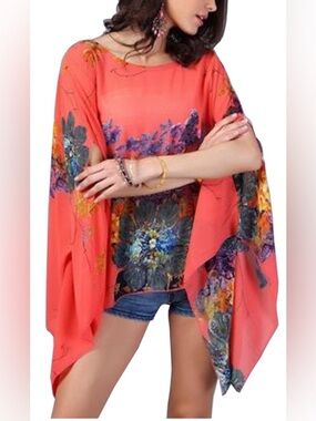 NWT Cocolor Coral Floral Print Sheer Poncho‎ Asymmetrical Blouse Size M